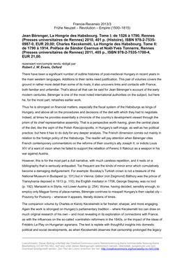 Jean Bérenger, La Hongrie Des Habsbourg. Tome I: De 1526 À 1790, Rennes (Presses Universitaires De Rennes) 2010, 401 P