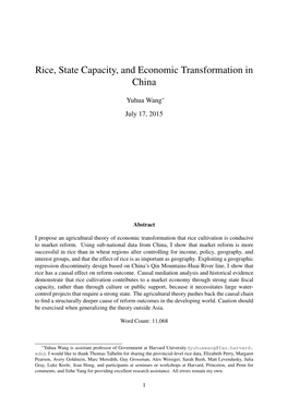 Rice, State Capacity, and Economic Transformation in China