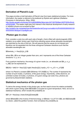 Derivation of Planck's Law Photon Gas in a Box Statistical Mechanics Of