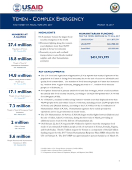 Yemen - Complex Emergency Fact Sheet #7, Fiscal Year (Fy) 2016 January 1, 2016