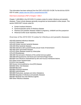 Overview of the 2019 ICD-10 Codes for Infectious and Parasitic Diseases