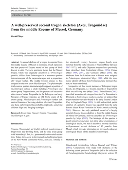 A Well-Preserved Second Trogon Skeleton (Aves, Trogonidae) from the Middle Eocene of Messel, Germany