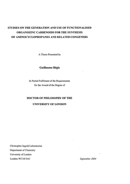 Studies on the Generation and Use of Functionalised Organozinc Carbenoids for the Synthesis of Aminocyclopropanes and Related Congeners