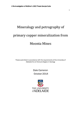 Mineralogy and Petrography of Primary Copper Mineralization from Moonta Mines: a Re-Investigation of Mcbriar’S 1962 Thesis Sample Suite