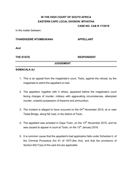 In the High Court of South Africa Eastern Cape Local Division: Mthatha Case No