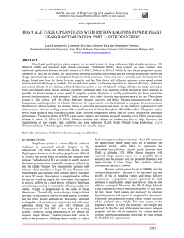 High Altitude Operations with Piston Engines Power Plant Design Optimization Part I: Introduction