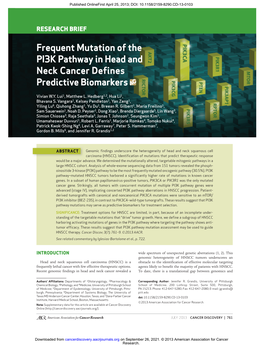 Frequent Mutation of the PI3K Pathway in Head and Neck Cancer Deﬁ Nes Predictive Biomarkers