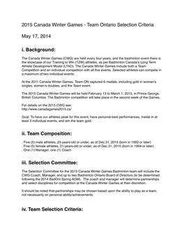 2015 Canada Winter Games - Team Ontario Selection Criteria � � �May 17, 2014� � �I