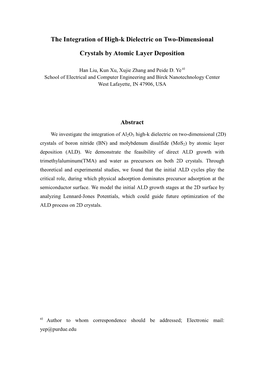 The Integration of High-K Dielectric on Two-Dimensional Crystals By