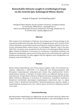 Remarkable Odonata Caught in Ornithological Traps on the Courish Spit, Kaliningrad Oblast, Russia