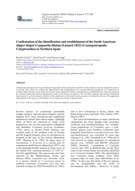 Confirmation of the Identification and Establishment of the South American Slipper Limpet Crepipatella Dilatata (Lamark 1822) (C