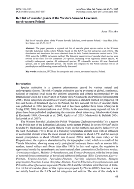 Red List of Vascular Plants of the Western Suwałki Lakeland, North-Eastern Poland