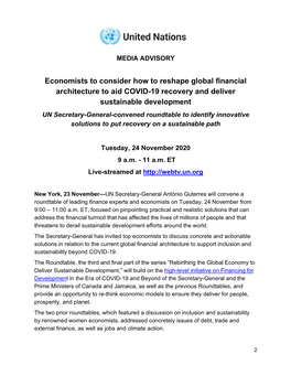 Economists to Consider How to Reshape Global Financial Architecture to Aid COVID-19 Recovery and Deliver Sustainable Development