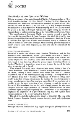 Identification of Male Spectacled Warbler with the Acceptance of the Male Spectacled Warbler Sylvia Conspicillata at Filey, North Yorkshire, in May 1992 (Brit