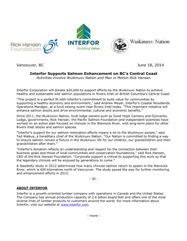 Vancouver, BC June 18, 2014 Interfor Supports Salmon Enhancement on BC's Central Coast