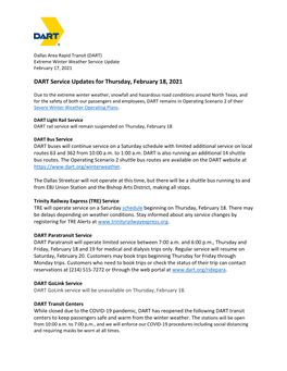 DART Service Updates for Thursday, February 18, 2021