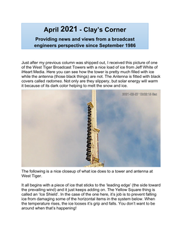 Clay's Corner for April 2021