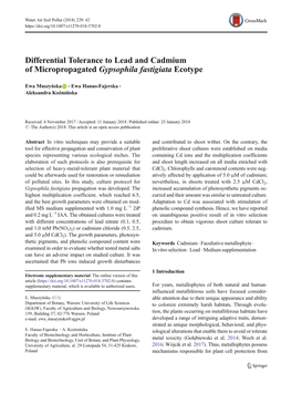 Differential Tolerance to Lead and Cadmium of Micropropagated Gypsophila Fastigiata Ecotype