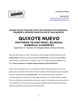 QUIXOTE NUEVO FEATURING TEJANO MUSIC, BILINGUAL WORDPLAY & PUPPETRY September 8 – October 3 in Reopened Round House Theatre