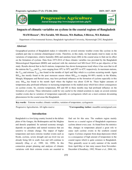 Impacts of Climatic Variables on Cyclone in the Coastal Regions of Bangladesh MAM Hossen*, MA Farukh, MS Hossen, MA Badhan, S Biswas, MA Rahman