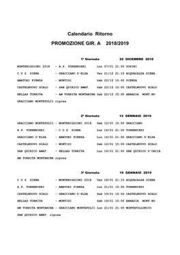 Calendario Ritorno PROMOZIONE GIR. a 2018/2019