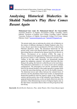 Analysing Historical Dialectics in Shahid Nadeem's Play Here Comes Basant Again