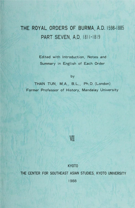 The Royal Orders of Burma, A.D. 1598-1885 Part Seven, A.D. 1811-1819