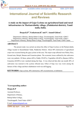 A Study on the Impact of Gaja Cyclone on Agricultural Land and Rural Infrastructure in Thettanviduthy Village, (Pudukottai District), Tamil Nadu, India