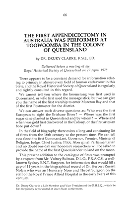 The First Appendicectomy in Australia Was Performed at Toowoomba in the Colony of Queensland
