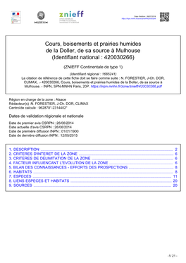 Cours, Boisements Et Prairies Humides De La Doller, De Sa Source À Mulhouse (Identifiant National : 420030266)