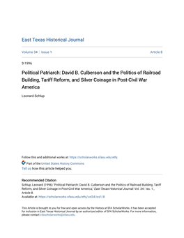 David B. Culberson and the Politics of Railroad Building, Tariff Reform, and Silver Coinage in Post-Civil War America