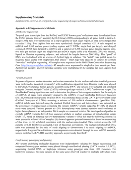 Supplementary Materials Supplement to Lieber Et Al., Targeted Exome Sequencing of Suspected Mitochondrial Disorders