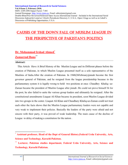 Causes of the Down Fall of Muslim League in the Perspective of Pakistan’S Politics