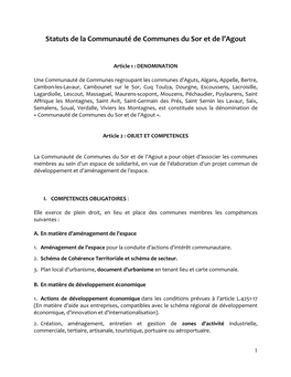 Statuts De La Communauté De Communes Du Sor Et De L'agout