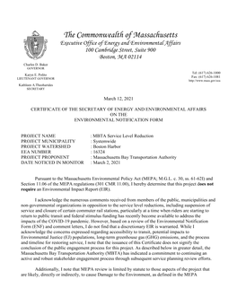 The Commonwealth of Massachusetts Executive Office of Energy and Environmental Affairs 100 Cambridge Street, Suite 900 Boston, MA 02114 Charles D