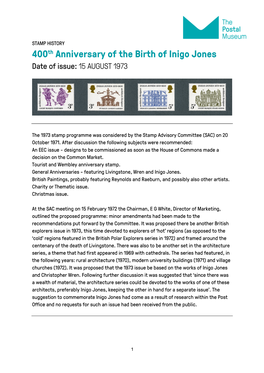 400Th Anniversary of the Birth of Inigo Jones Date of Issue: 15 AUGUST 1973