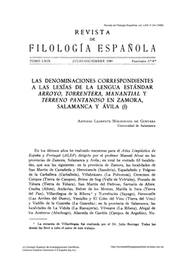 Las Denominaciones Correspondientes a Las Lexías De La Lengua Estándar Arroyo, Torrentera, Manantial Y Terreno Pantanoso En Zamora, Salamanca Y Ávila (1)