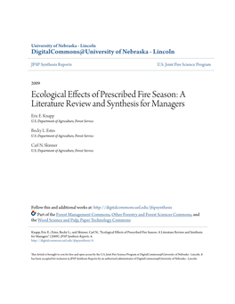 Ecological Effects of Prescribed Fire Season: a Literature Review and Synthesis for Managers Eric E