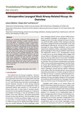 Intraoperative Laryngeal Mask Airway-Related Hiccup: an Overview Johann Mathew1, Shiqian Shen2 and Henry Liu3*