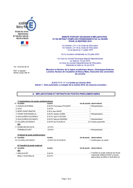 ARRETE PORTANT DECISIONS D’IMPLANTATION ET DE RETRAIT D'emplois D'enseignants DU 1Er DEGRE POUR LA RENTREE 2016