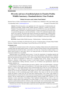 Diversity and Uses of Medicinal Plants in Chandra Prabha Wildlife Sanctuary, Chandauli District, Uttar Pradesh