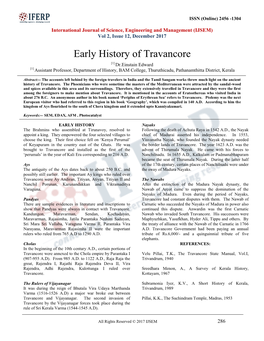 Early History of Travancore [1] Dr.Einstain Edward [1] Assistant Professor, Department of History, BAM College, Thuruthicadu, Pathanamthitta District, Kerala