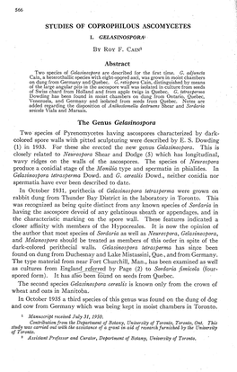 STUDIES of COPROPHILOUS ASCOMYCETES I. GELASINOSPORA1 Abstract the Genus Gelasinospora Two Species of Pyrenomycetes Having Ascos
