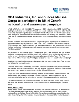 CCA Industries, Inc. Announces Melissa Gorga to Participate in Bikini Zone® National Brand Awareness Campaign