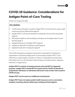 COVID-19 Guidance: Considerations for Antigen Point-Of-Care Testing