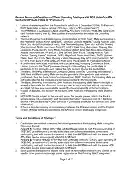 Page 1 of 7 General Terms and Conditions of Winter Spending Privileges with NCB Unionpay ATM Card at SHKP Malls (Refers to “P