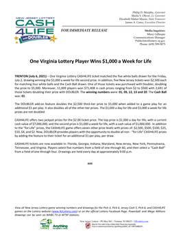 One Virginia Lottery Player Wins $1,000 a Week for Life