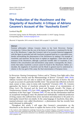 The Production of the Muselmann and the Singularity of Auschwitz: a Critique of Adriana Cavarero’S Account of the “Auschwitz Event”