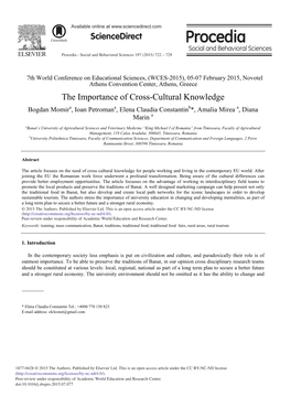 The Importance of Cross-Cultural Knowledge Bogdan Momira, Ioan Petromana, Elena Claudia Constantinb*, Amalia Mirea A, Diana Marin A