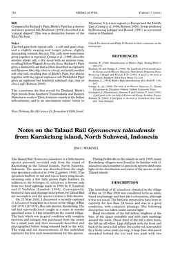 Notes on the Talaud Rail Gymnocrex Talaudensis from Karakelang Island, North Sulawesi, Indonesia